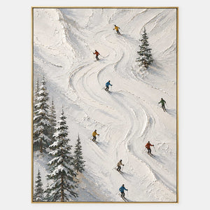 Eight colorful skiers carve through sculpted ivory mountain snow.