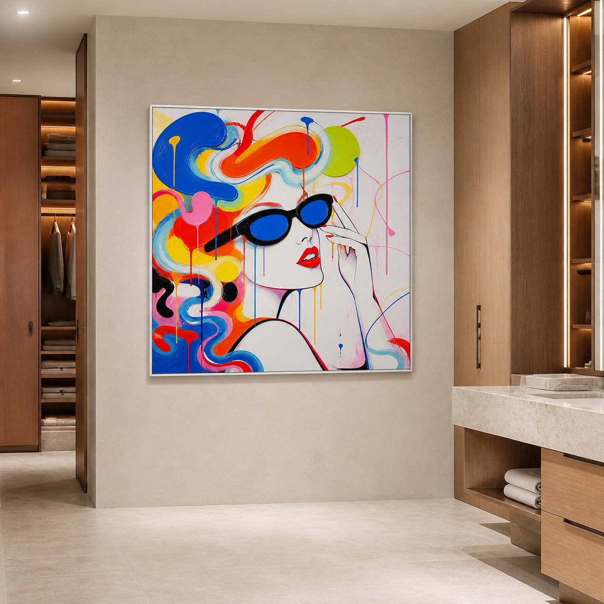 Vivid pop art portrait wall art in a contemporary bathroom setting.