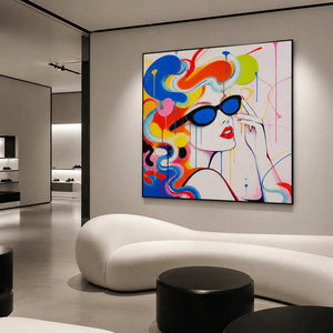Fashion-inspired pop art portrait in a high-end showroom lounge.