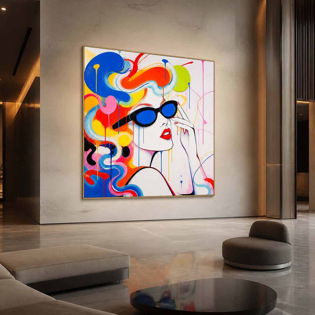 Colorful modern portrait wall art displayed in an upscale hotel lobby.
