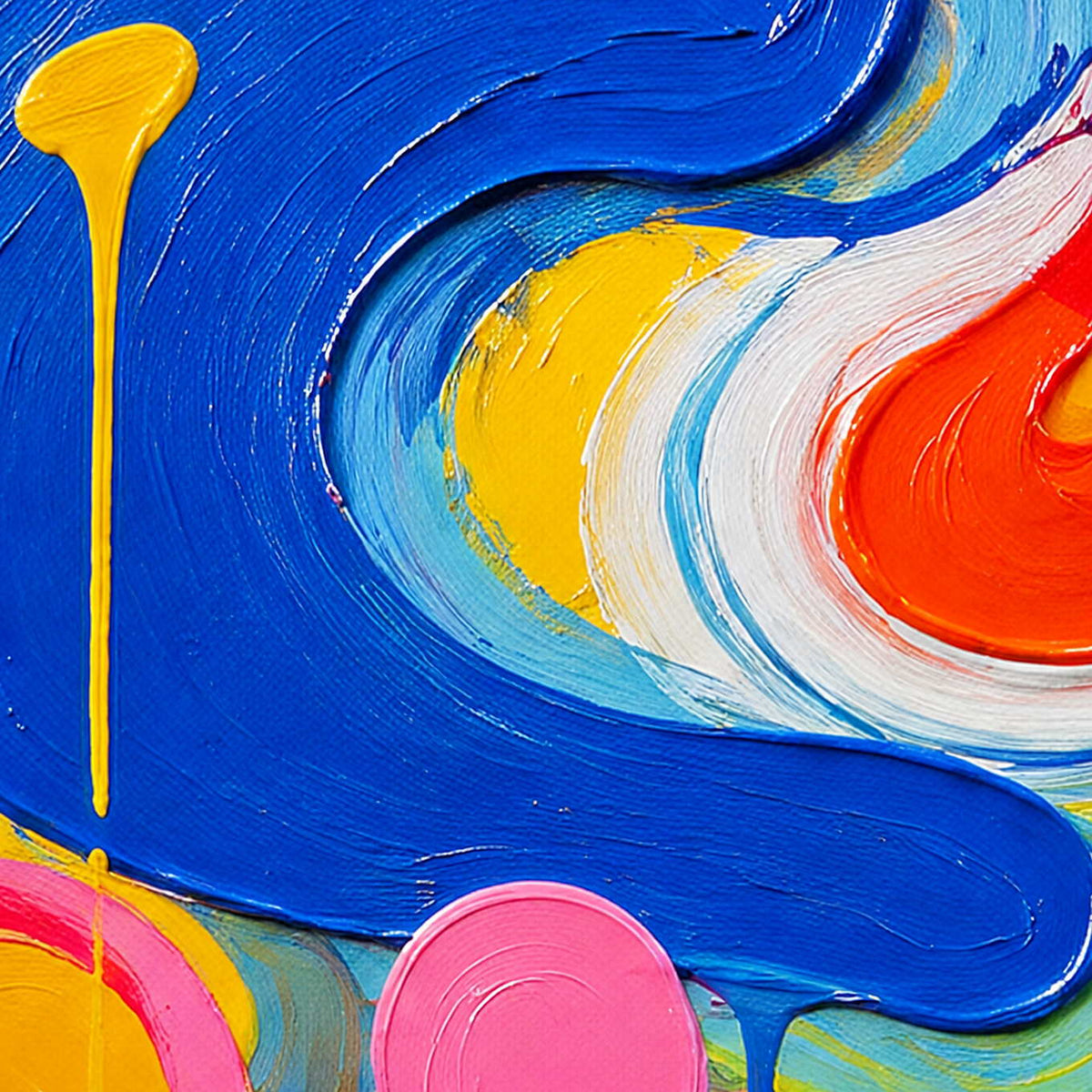 Close-up of thick cobalt, yellow, pink, and orange hand-painted texture.