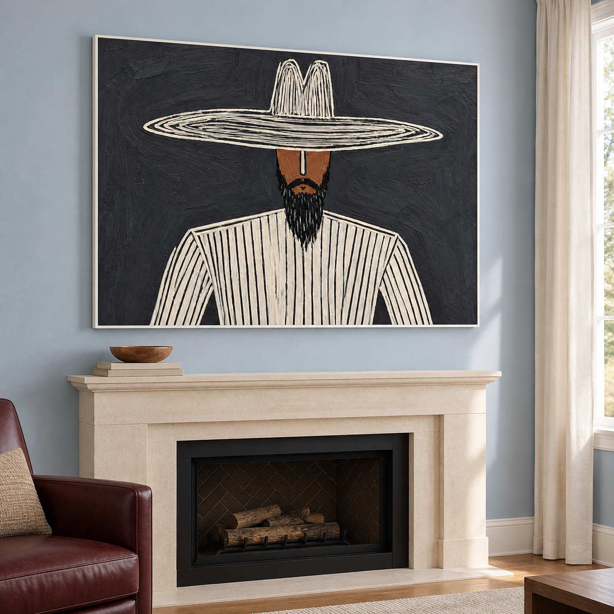 Cream-lined hat portrait above a pale fireplace beside a burgundy armchair.
