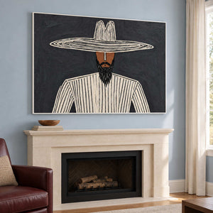 Cream-lined hat portrait above a pale fireplace beside a burgundy armchair.