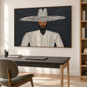 Charcoal portrait above a dark desk with an olive chair and open wooden shelves.