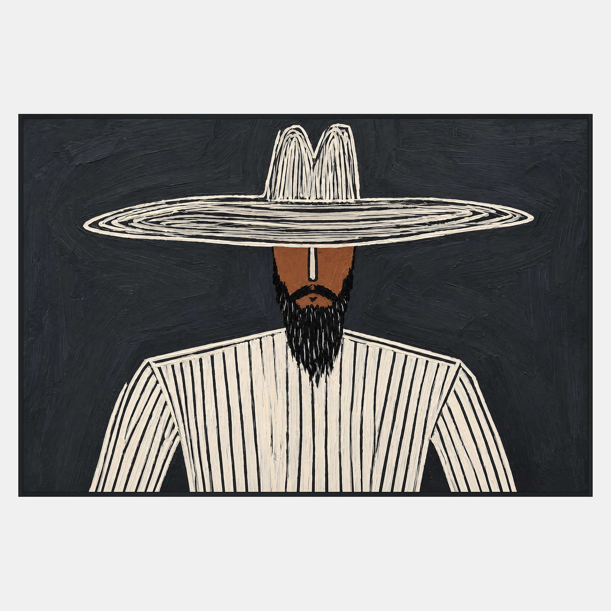Horizontal portrait of a bearded figure in a cream-lined broad hat and striped shirt against textured charcoal gray.