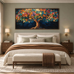 Flowering tree artwork above a cream bed with brown throw against muted green.