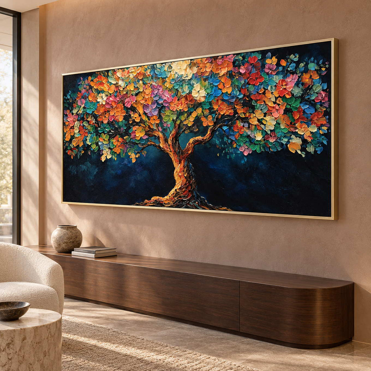 Bright blossom tree above a long rounded wooden cabinet against a warm pink wall.