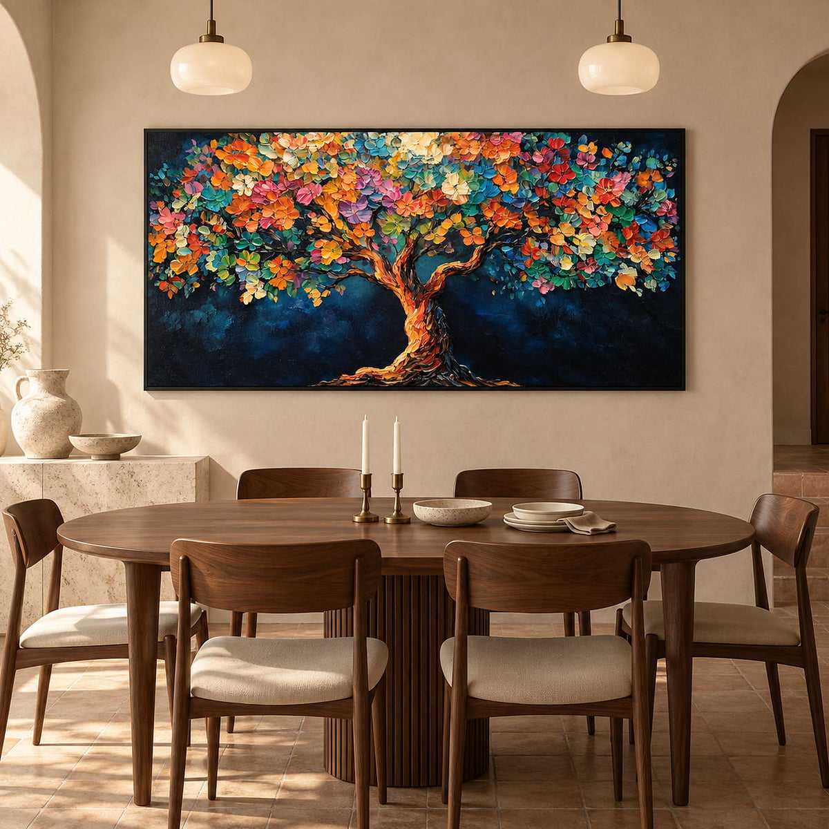Wide blossom tree painting behind an oval wooden dining table under two pale pendant lights.