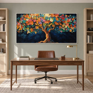 Dark-blue flowering tree painting above a wooden desk between pale bookshelves.