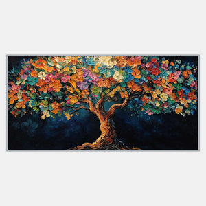Wide flowering tree with a twisting orange-brown trunk and multicolored blossoms against a dark blue background.