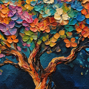 Detail of colorful raised petals and warm twisting branches against dark blue.