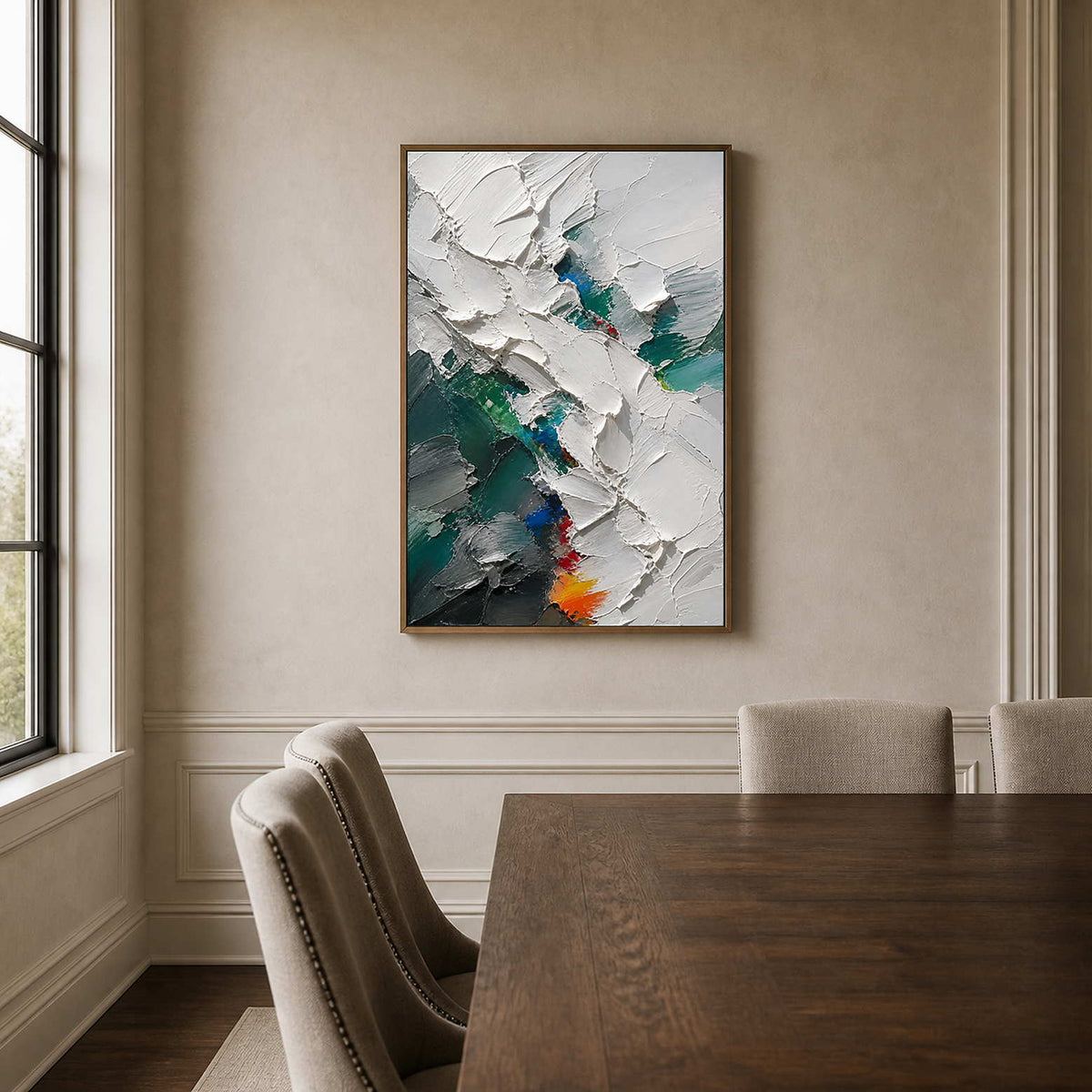 White and emerald impasto canvas adds contrast to a wood dining room.