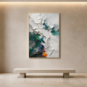 Raised white abstract painting displayed above a minimalist gallery bench.