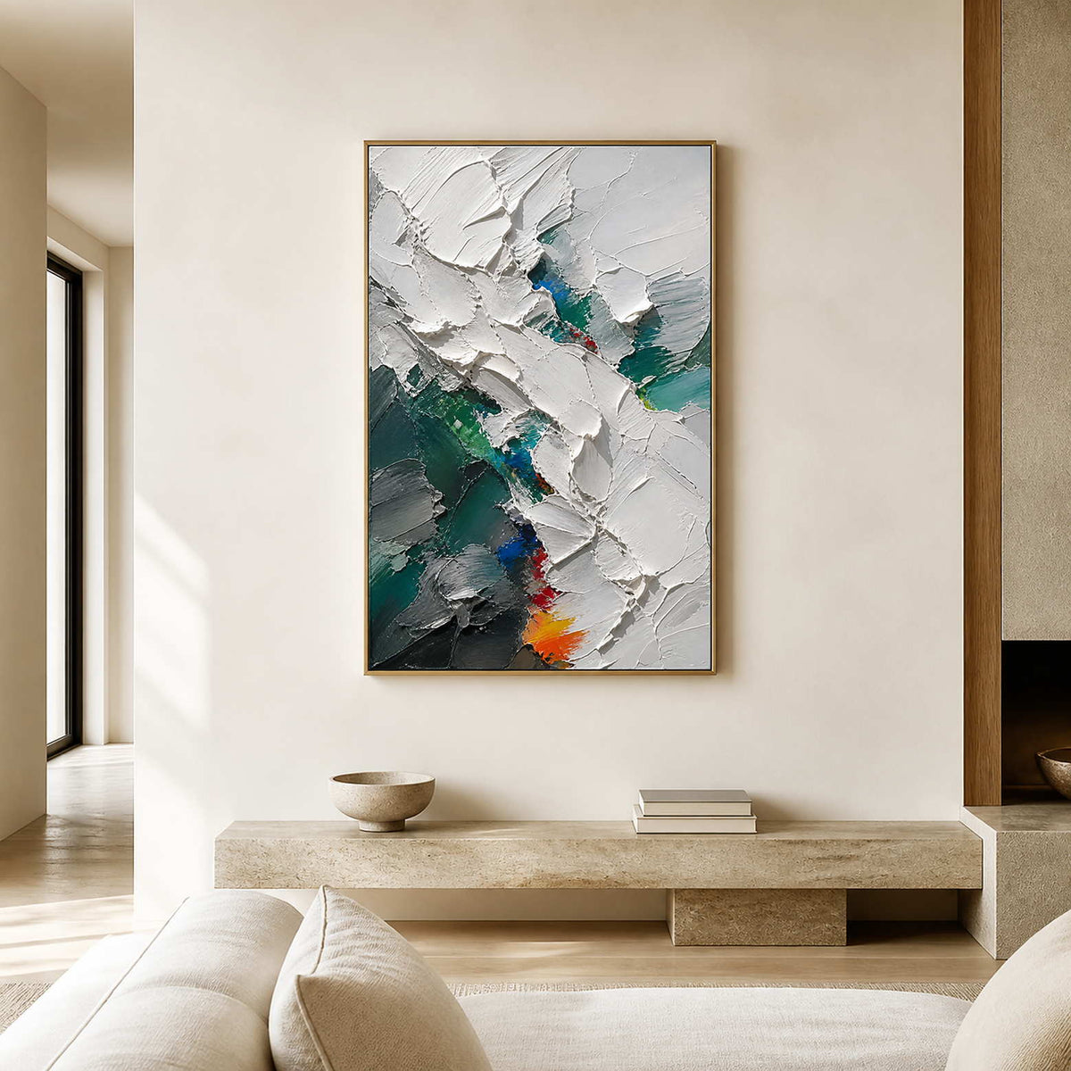 Emerald and ivory textured abstract wall art in a modern living room.