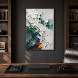 Bold ivory and charcoal wall art complements a dark executive office.