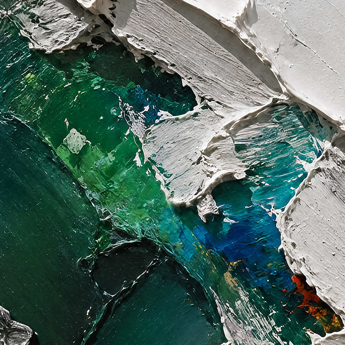 Close-up of emerald paint beneath thick white palette-knife relief.