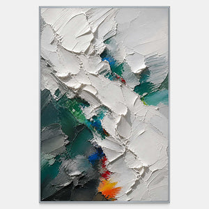 Hand-painted abstract canvas with raised white, emerald, charcoal, and blue layers.