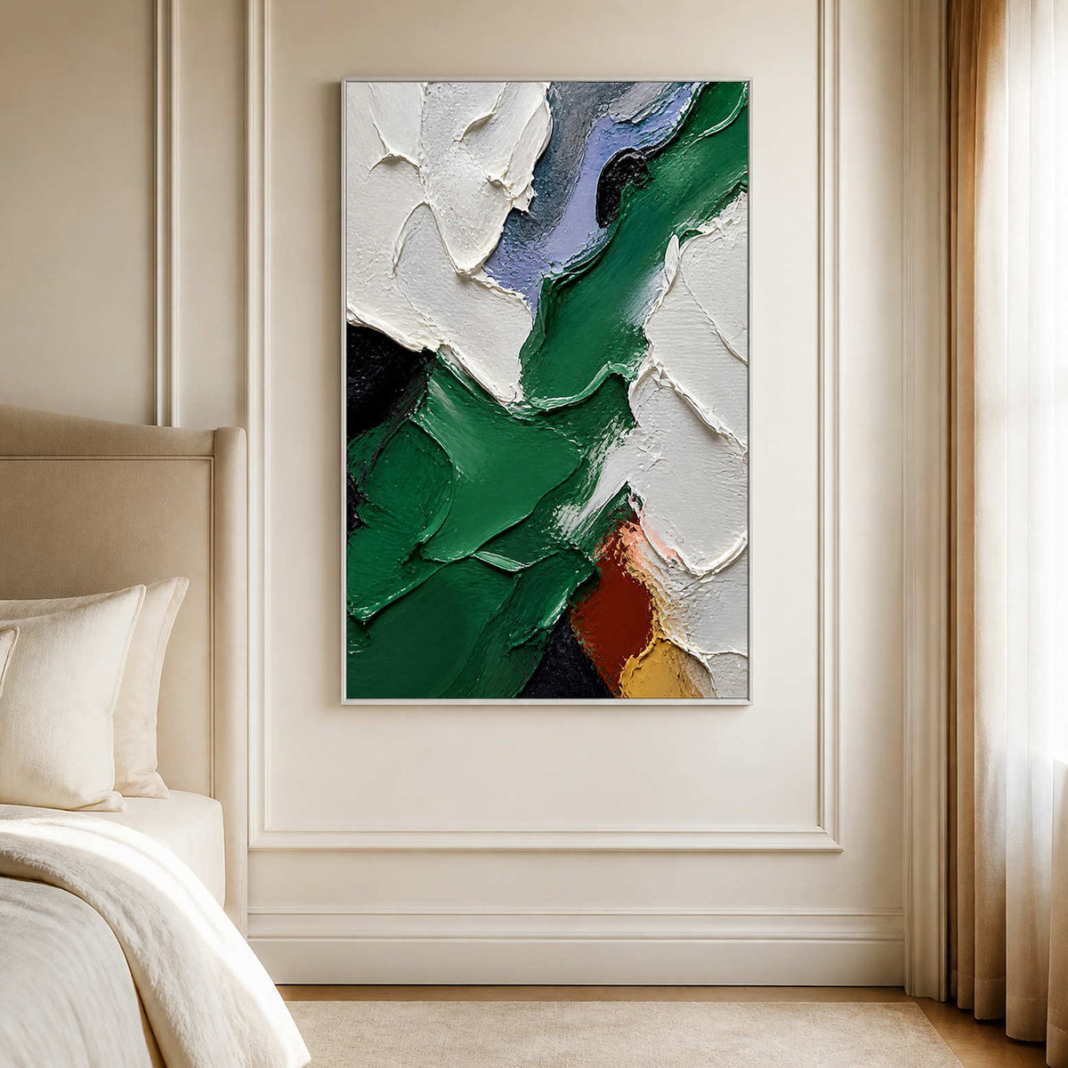 Sculptural emerald and white abstract canvas beside a neutral bed.