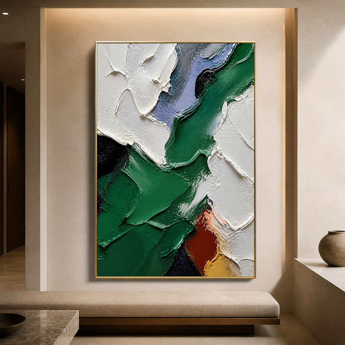 Sculptural green and white abstract wall art above a gallery bench.