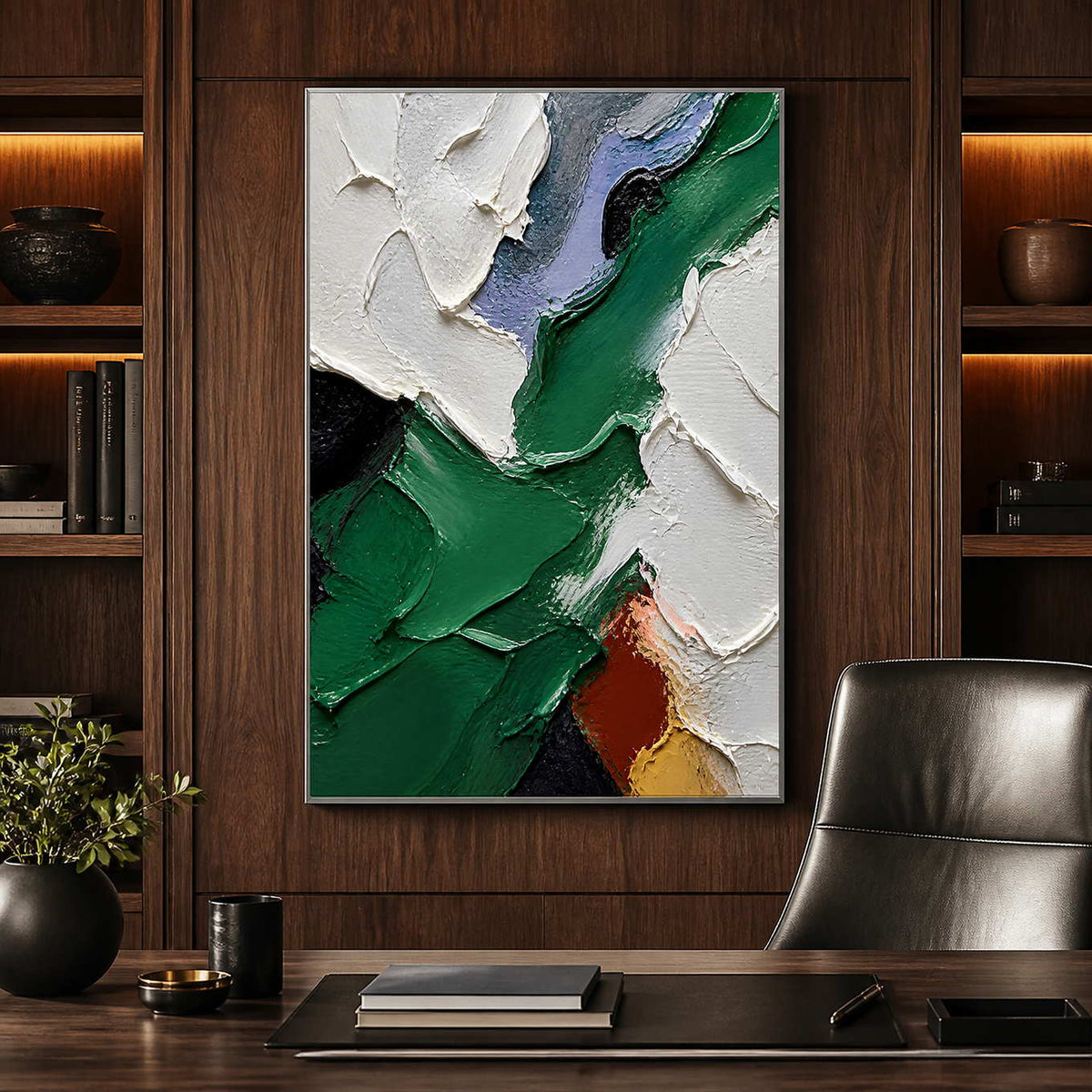 Modern green textured abstract painting in a dark wood home office.