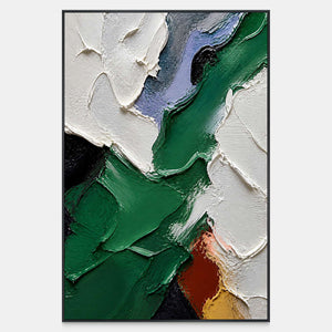 Hand-painted abstract canvas with sculptural emerald, white, periwinkle, black, rust, and ochre forms.