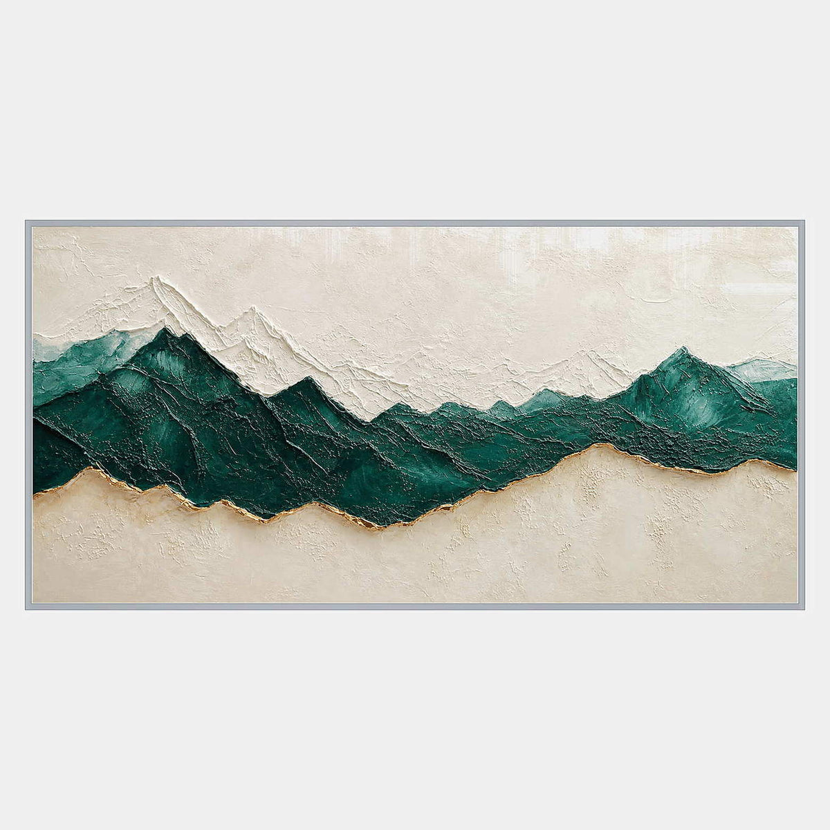 Hand-painted panoramic mountain wall art in emerald green, ivory, and gold.