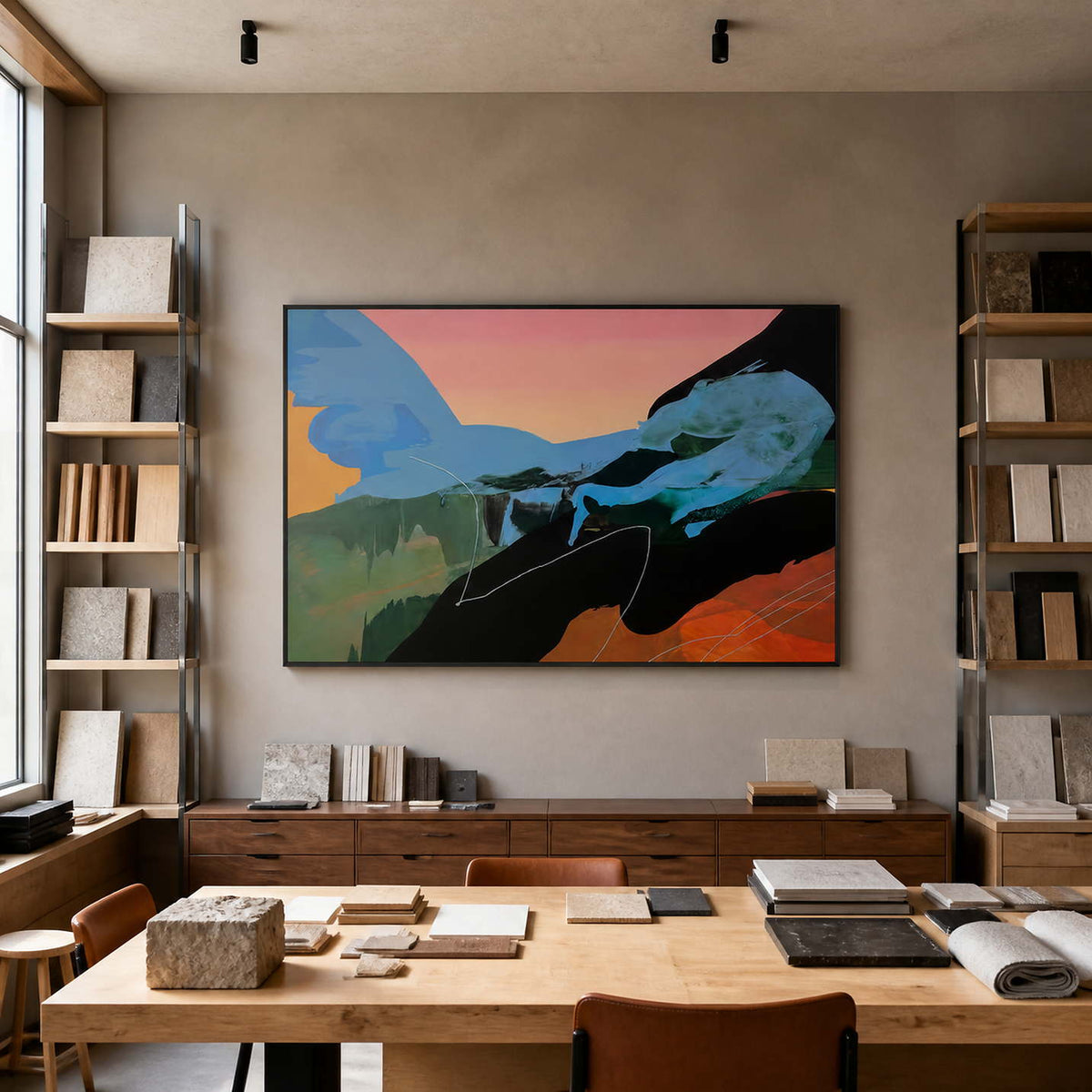 Black framed colorful abstract painting displayed among materials in an architectural studio.