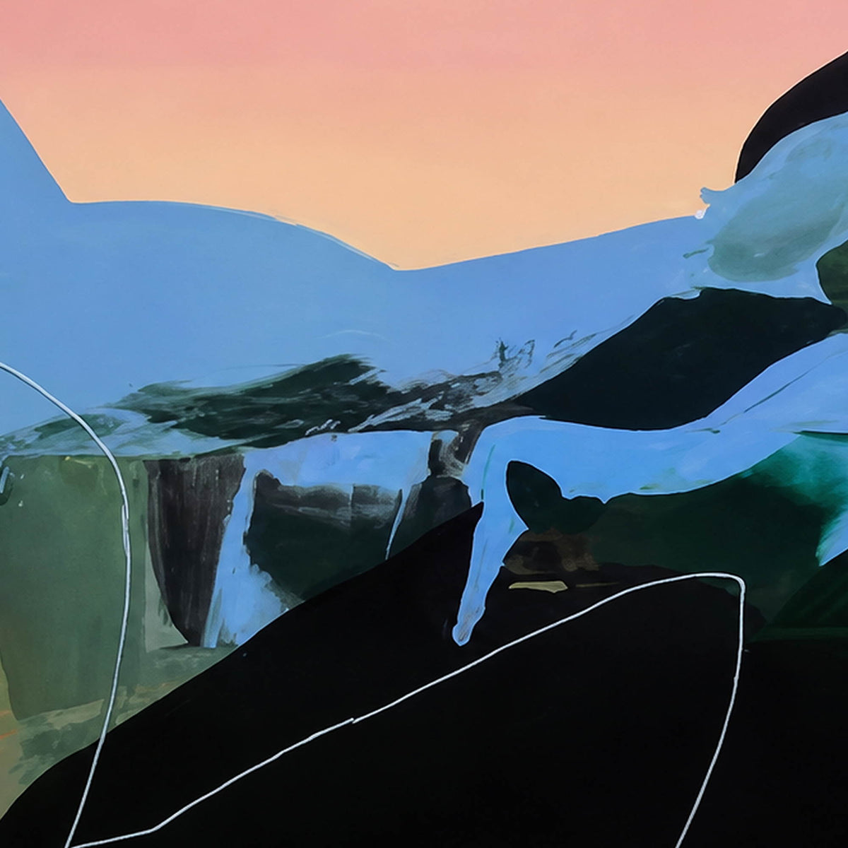 Close view of overlapping colorful paint gestures and fine lines in the abstract composition.