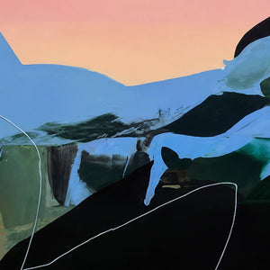 Close view of overlapping colorful paint gestures and fine lines in the abstract composition.