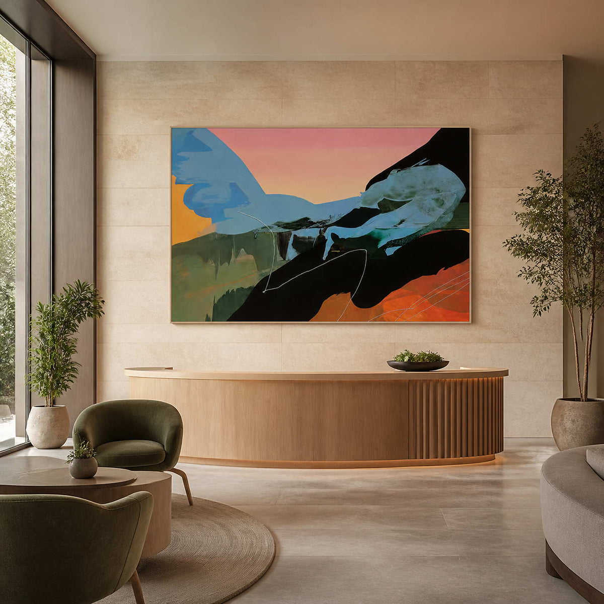 Gestural abstract painting in a silver frame behind a wellness reception desk.