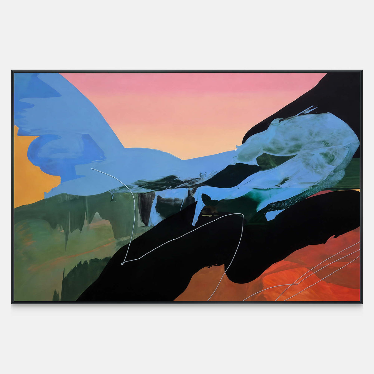 Wide abstract painting with blue gestures, peach pink, black, and orange shapes.