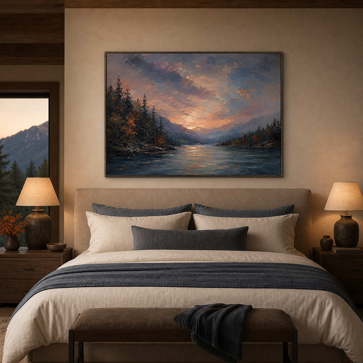 Textured Landscape Wall Art displayed in a refined bedroom.