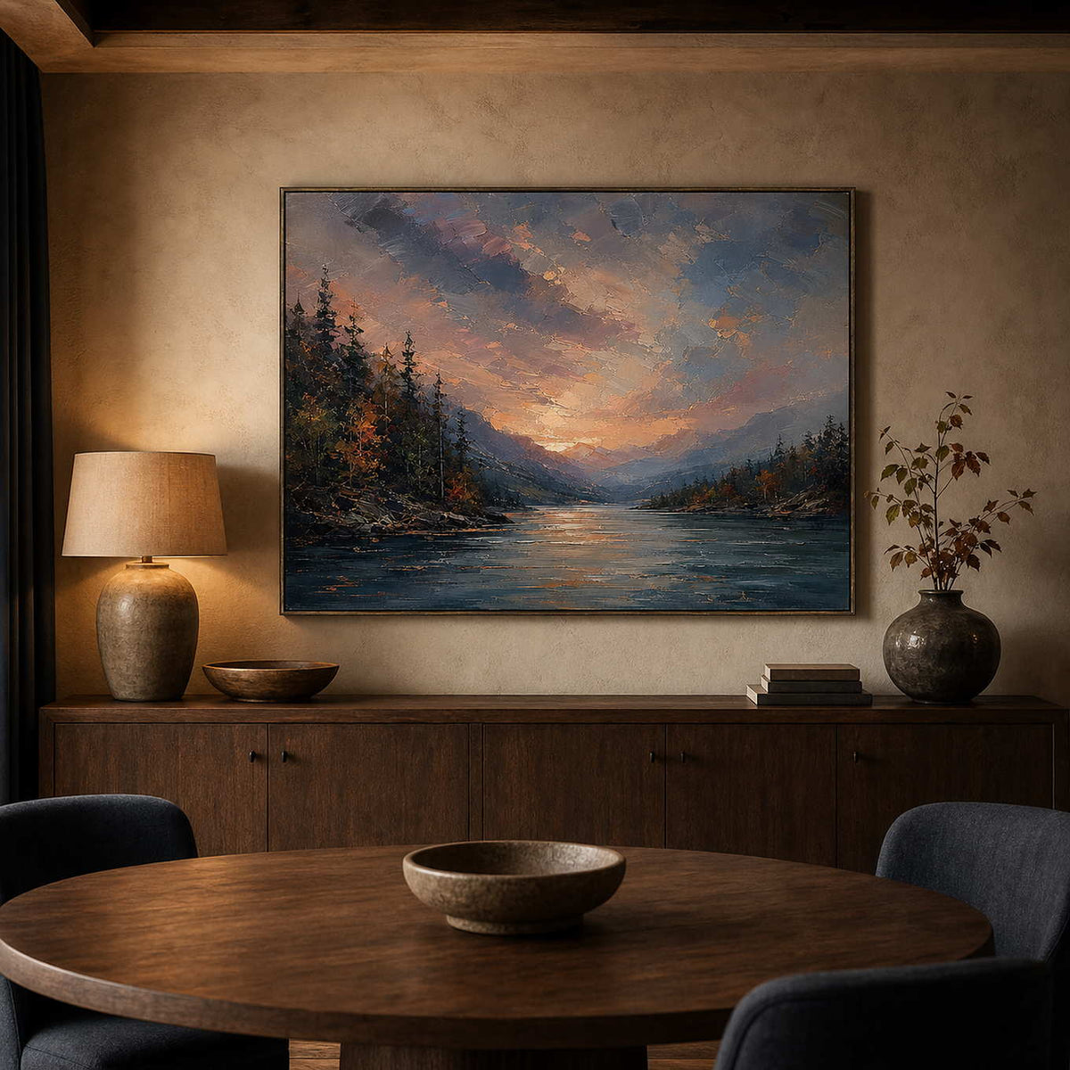 Textured Landscape Wall Art displayed in a refined dining room.