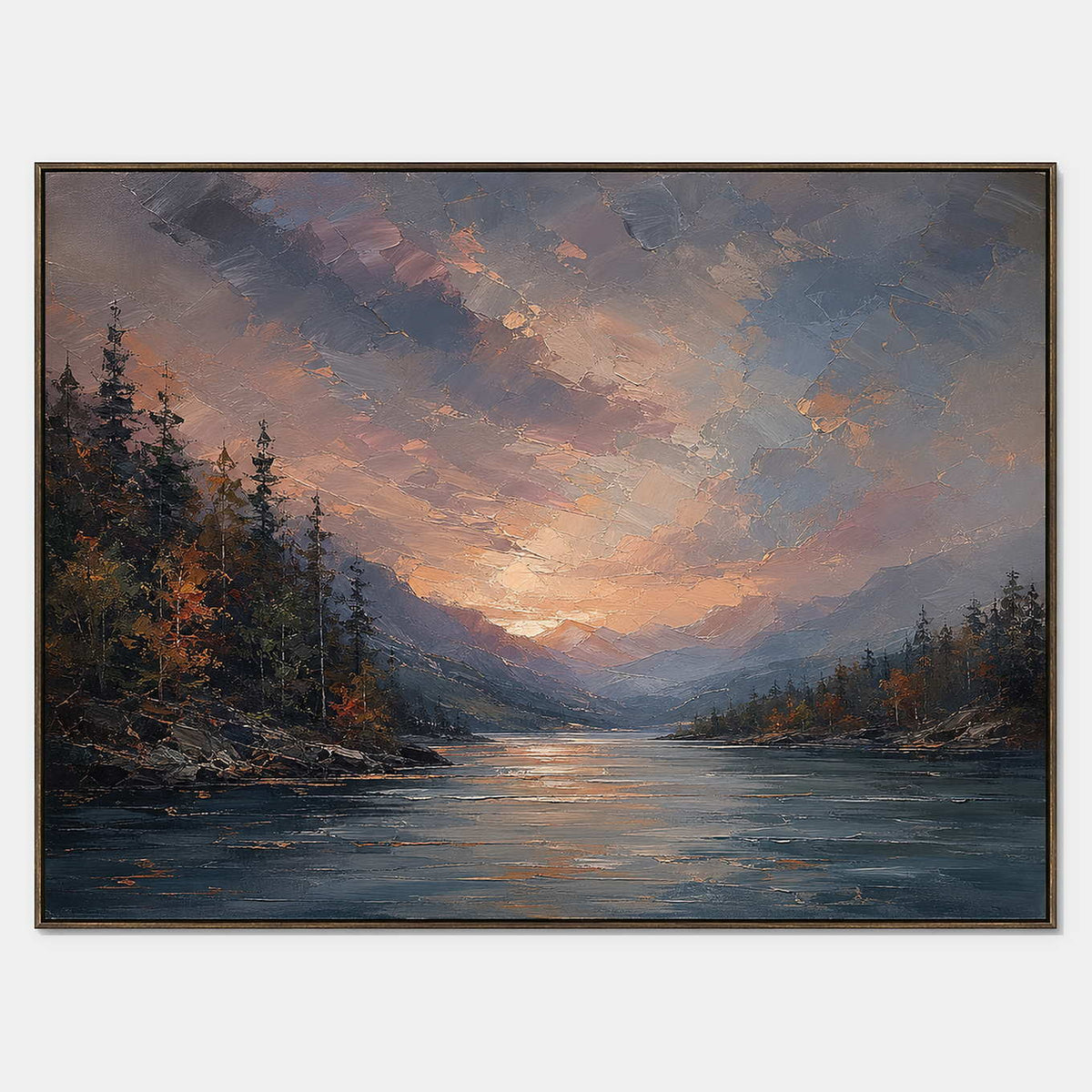 Hand-painted textured landscape wall art with blue, earth tones, and warm tones tones.