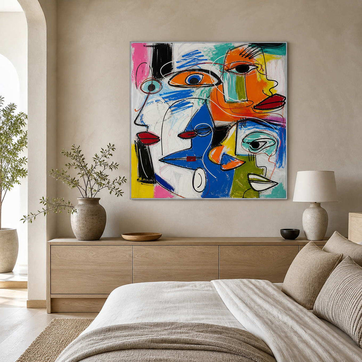 Colorful pop-art painting displayed above a warm ivory bedroom.