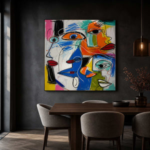 Bold face artwork displayed in a charcoal walnut dining room.