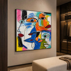 Colorful modern artwork displayed in a warm brown dressing room.