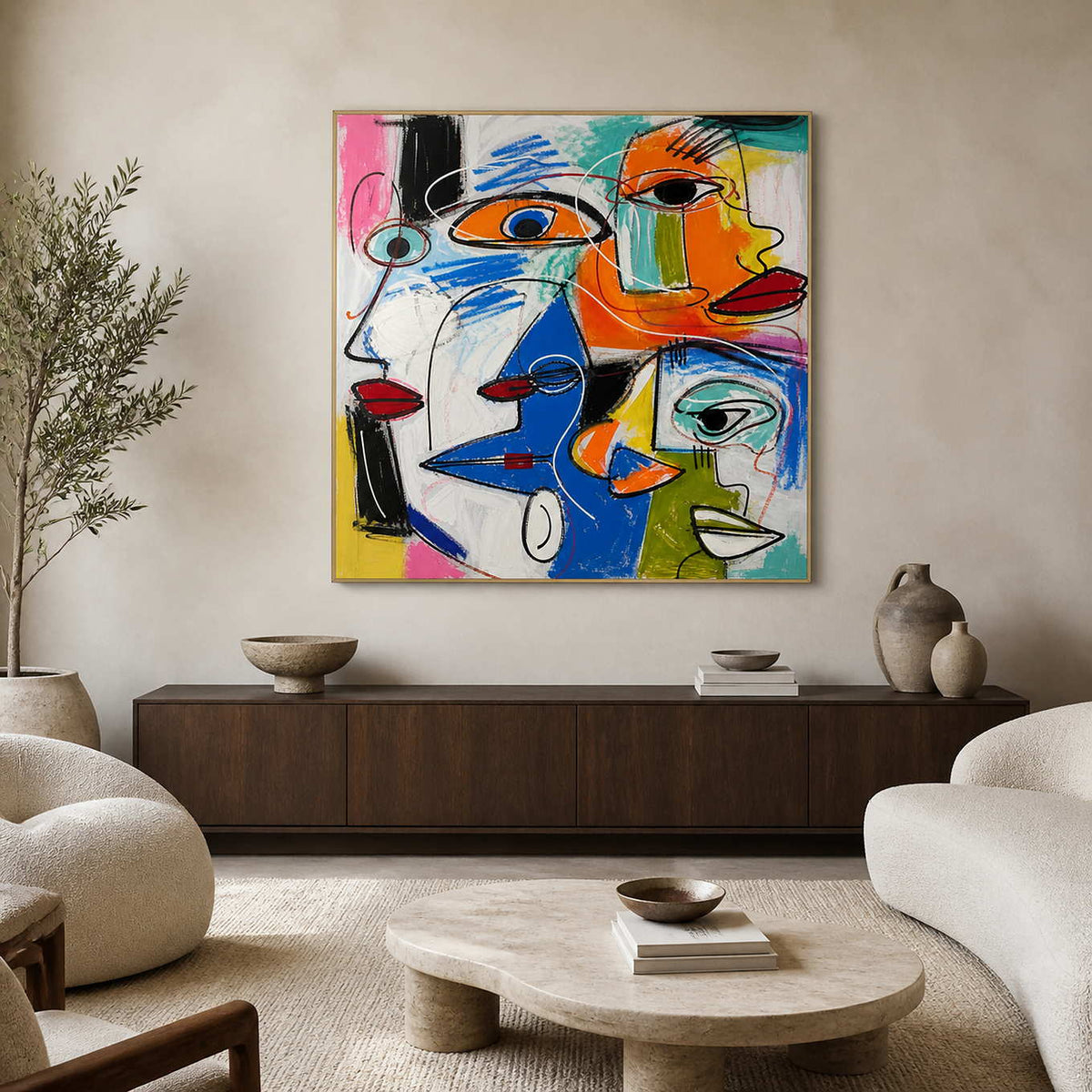 Colorful figurative wall art displayed in a warm modern living room.