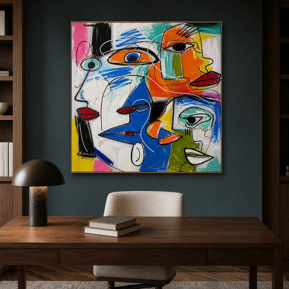 Textured face wall art displayed in a deep teal walnut office.