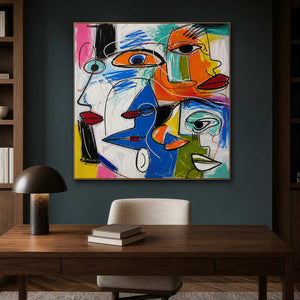 Textured face wall art displayed in a deep teal walnut office.
