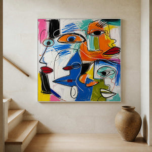 Square figurative artwork displayed beside a warm limestone stairway.