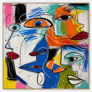 Square pop-art composition of interlocking colorful expressive faces.