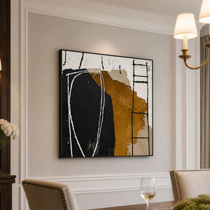 Black framed abstract painting beside upholstered dining chairs beneath softly shaded wall lights.