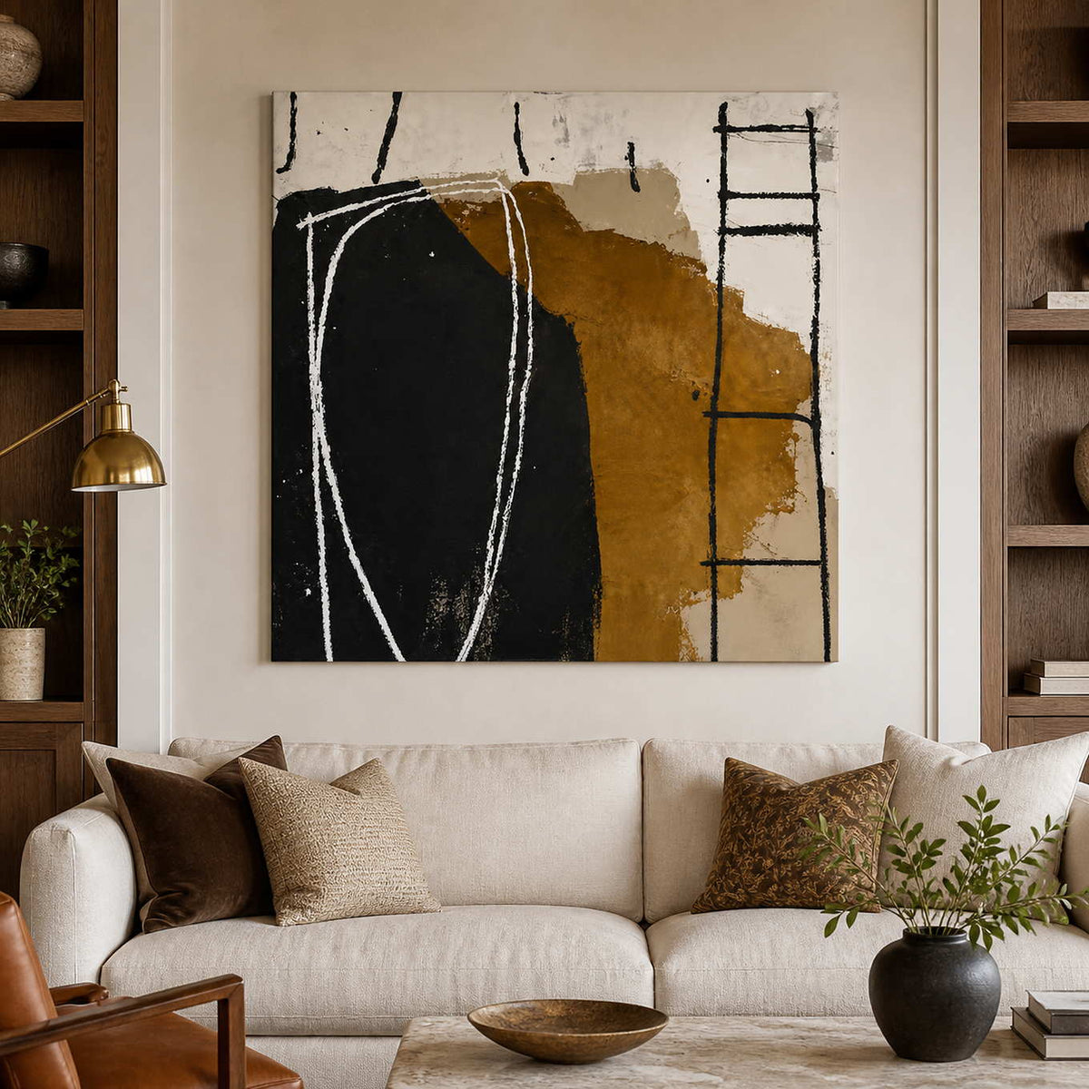Frameless black and ochre abstract painting above a cream sofa between wooden shelves.