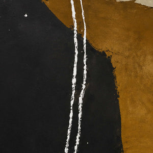 Close view of uneven white lines crossing matte black and ochre painted areas.