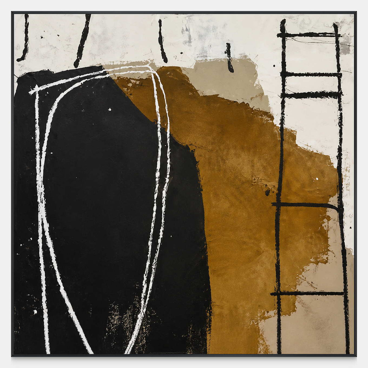 Square abstract painting with a white loop, black field, ochre patch, and ladderlike marks.