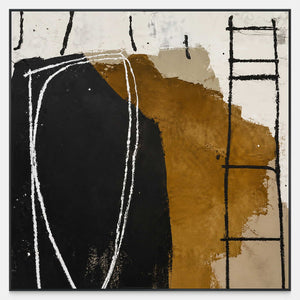 Square abstract painting with a white loop, black field, ochre patch, and ladderlike marks.