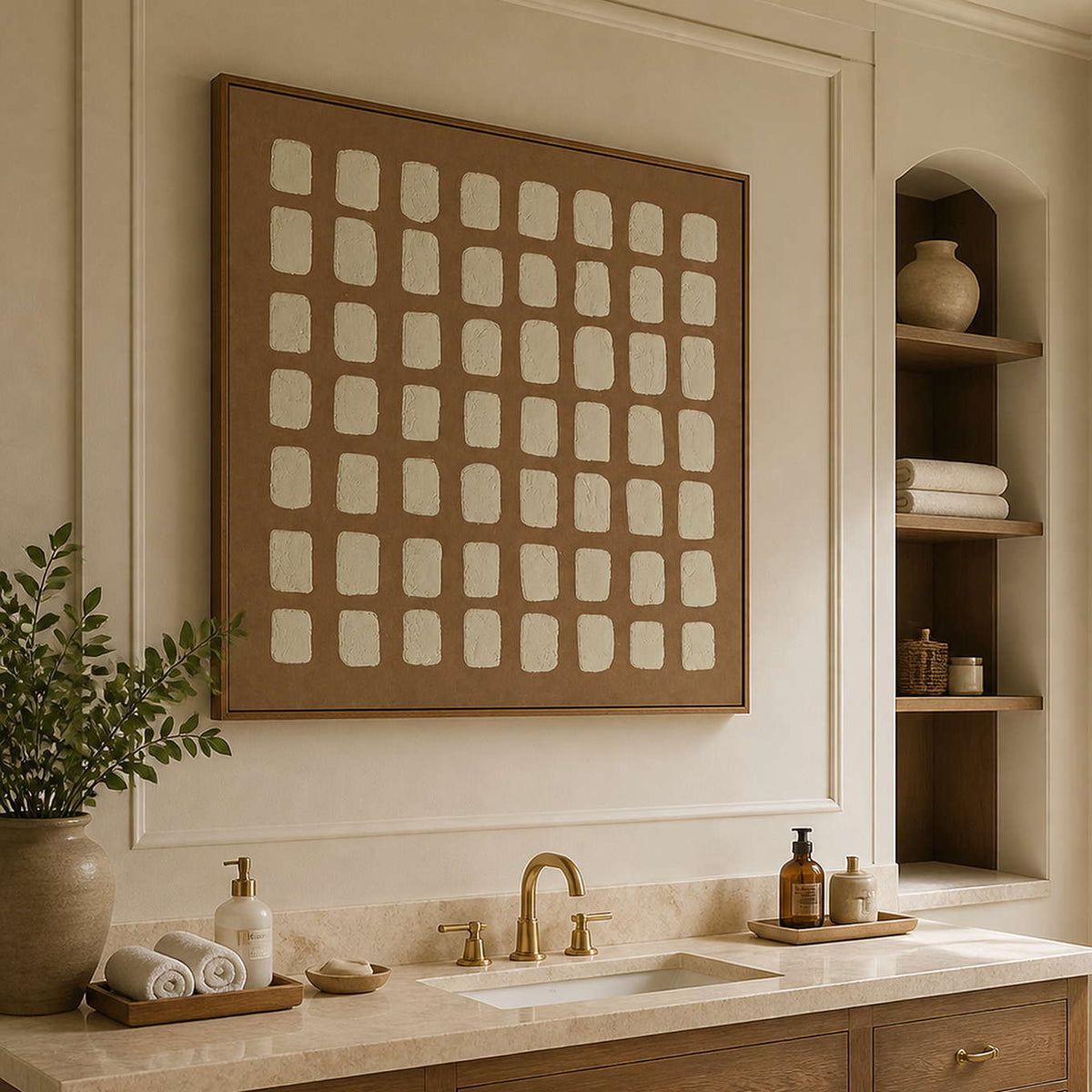 Wood framed cream grid artwork above a stone vanity beside recessed bathroom shelves.