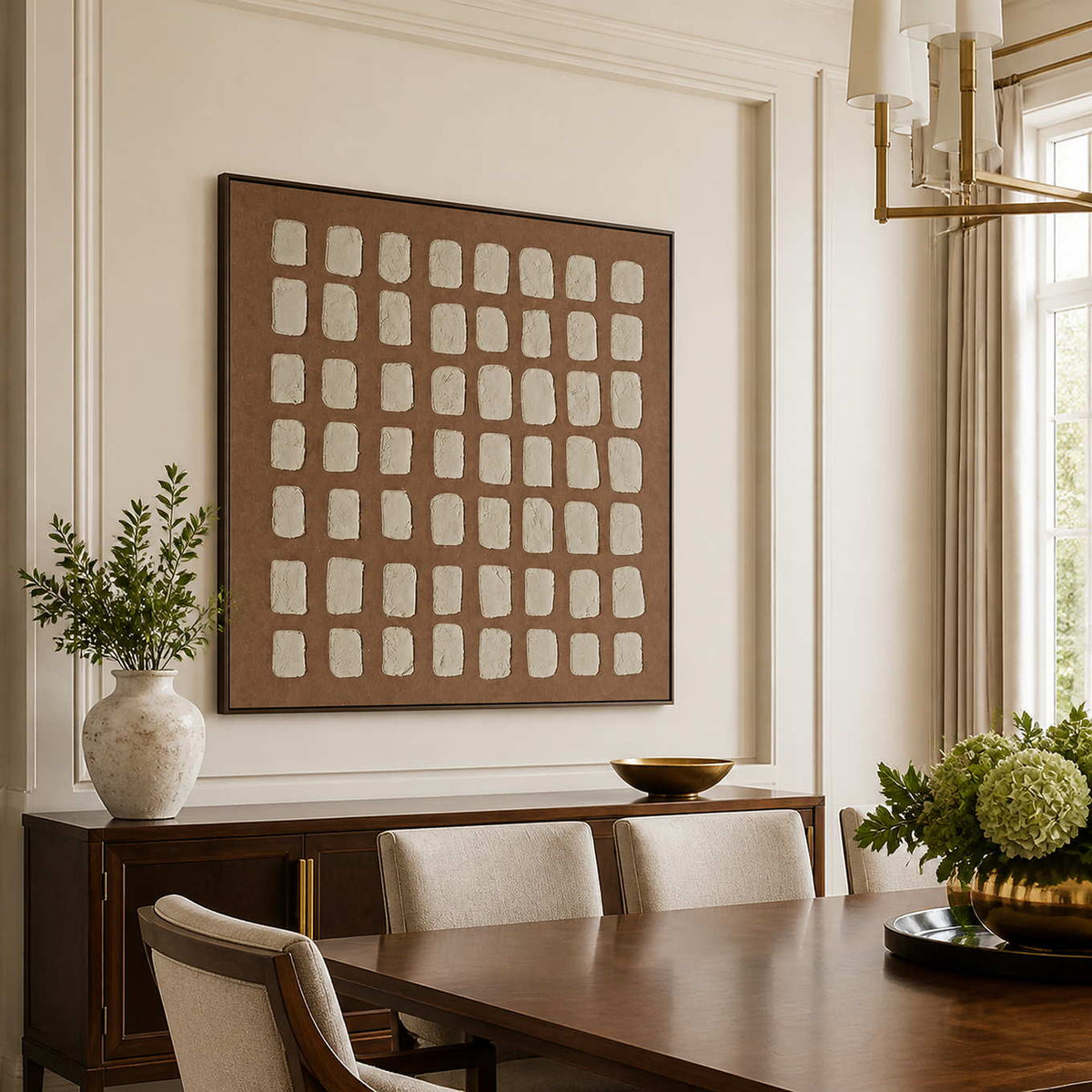 Black framed cream grid artwork above a dining room sideboard beside a wooden table.