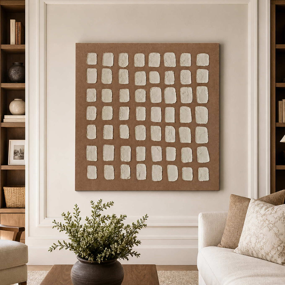 Frameless cream grid artwork on brown between wooden shelves in a neutral living room.
